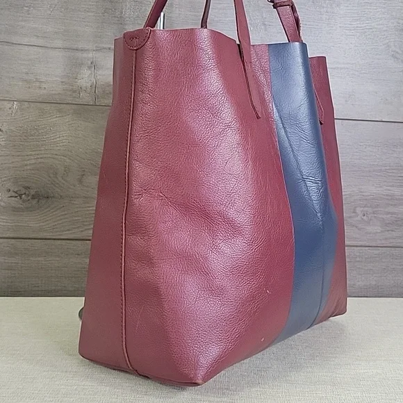 Large J.Crew Burgundy Striped Leather Tote Bag - Picture 3 of 14